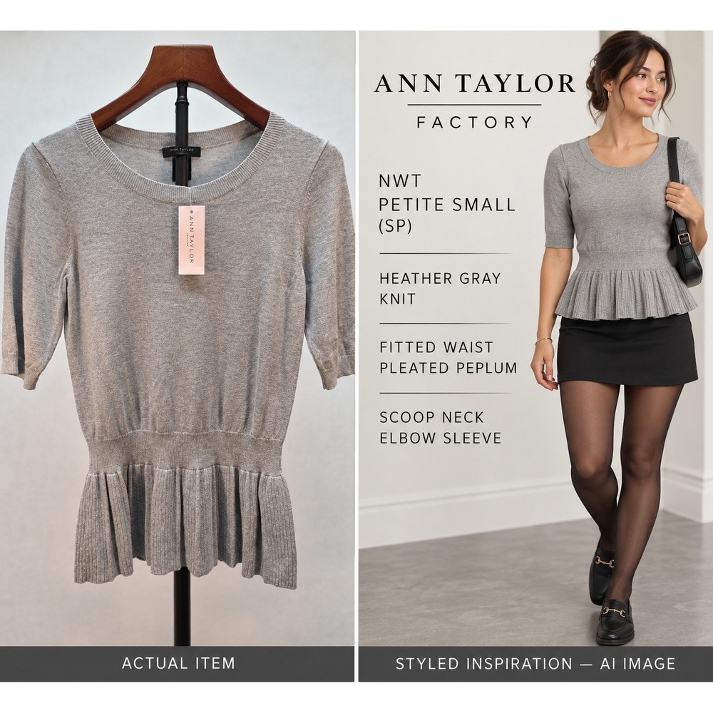NWT Ann Taylor Factory Grey Peplum Knit Top Short Sleeve Sweater Petite Small